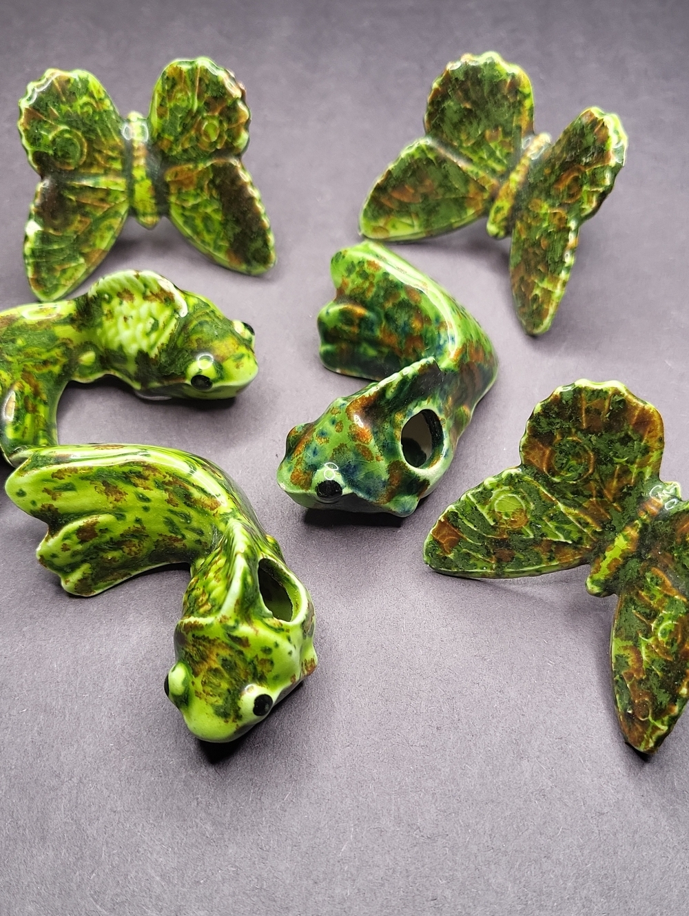 Handmade Green Ceramic Frog and Butterfly Set